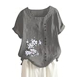 Coupons and Promo Codes for Discount UK Linen Shirt Women Women's Cotton and Linen Loose Fit Casual Floral Print Short Sleeve Button Up Top Lightning Deals of The Day Prime Sale Dark Gray