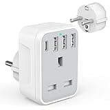 UK to European Travel Adaptor with 4 USB Ports(1 USB C), Grounded EU Euro Europe to UK Power Plug Adapter for Germany Spain France Iceland Greece Poland Netherlands Austria Turkey etc (Type E/F)