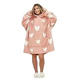 Dreamscene Heart Print Hoodie Blanket Blush, Oversized Blanket Hoodies Women Sherpa Lined Soft Fluffy Warm Snuggle Hoodie for Girls Comfy Fleece Wearable Blanket