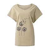 Best Prime Deals Linen Shirt Women Dandelion Print V Neck Cotton Casual Bat T Shirt Coupons and Promo Codes for Discount UK Tunic Tops for Women