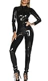 FEOYA Women's Sexy Zipper Catsuit Tight PVC Leather One-Piece Long Sleeve Jumpsuit Erotic Cosplay Clothing Color Black2 Size XL