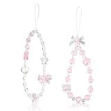 Reownest 2 PCS Mobile Phone Charm Beaded Bracelet Strap- Cute Crystal Pearl Flower Aesthetic Keychain Phone Wrist Strap for Girls Women Cellphone Accessory, Bag & Key Accessories(Pink)