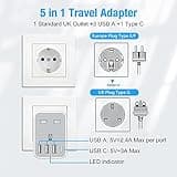 UK to European Travel Adaptor with 4 USB Ports(1 USB C), Grounded EU Euro Europe to UK Power Plug Adapter for Germany Spain France Iceland Greece Poland Netherlands Austria Turkey etc (Type E/F)