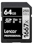 Lexar Professional 1667x SD Card 64GB, SDXC UHS-II Memory Card, Up to 250MB/s Read, 120MB/s Write, Class 10, U3, V60, SD for Professional Photographer, Videographer, Enthusiast (LSD64GCB1667)