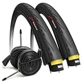 Fincci Set Pair Road Bike Tyres 700 x 25c - Foldable 25-622 60TPI 700c Tyres with Presta Valve Inner Tubes 60mm and LVL3 Nylon Protection - 700x25c Tyre for Cycle Race Road Racing Bicycle