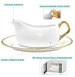Cheardia 14 oz Gravy Boat with Tray, White Ceramic Sauce Boat with Gold Trim, Ergonomic Handle and Big Dripless Lip Spout for Salad Dressings, Creamer, Broth, Black Pepper