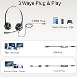 Wantek USB Headset with Microphone for PC Laptop,3.5mm/USB/Type-C Jack 3-In-1 Headphones with Noise Cancelling & Audio Controls,Teams Headset for Office,Call Center,Work,Binaural