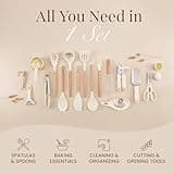 Kitchen Non Stick Cooking Utensils Set – Heat Resistant Silicone Utensils with Wooden Handle – Ladles, Spoons and Spatulas Set – Kitchen Tools & Accessories – 35pcs, Cream – by Nuovva