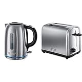 Russell Hobbs 20460 Quiet Boil Kettle, Brushed Stainless Steel, Silver, 3000 W, 1.7 Litre & 24080 Adventure Two Slice Toaster, Stainless Steel, 2 Slice, Brushed and Polished