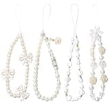 DKDDSSS 4 Pcs Phone Charm, Beaded Bracelet Strap, White Pearl Bow Cell Charms, Cute Chain Mobile Wrist Straps for Girls Women (White)