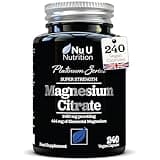 Magnesium Citrate 1480mg - 240 Vegan Capsules - 4 Month Supply - Providing 444mg Elemental Mag - Capsules not Tablets - High Strength Supplement - Made in The UK - Nu U Nutrition