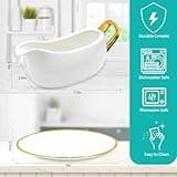 Cheardia 14 oz Gravy Boat with Tray, White Ceramic Sauce Boat with Gold Trim, Ergonomic Handle and Big Dripless Lip Spout for Salad Dressings, Creamer, Broth, Black Pepper