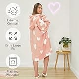 Dreamscene Heart Print Hoodie Blanket Blush, Oversized Blanket Hoodies Women Sherpa Lined Soft Fluffy Warm Snuggle Hoodie for Girls Comfy Fleece Wearable Blanket