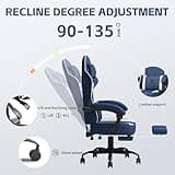 PZDO Gaming Chairs for Adults, Technical Fabric with Footrest, Gamer Chair with Height Adjustable 360° Swivel Seat, Ergonomic Computer Recliner Chair for Teens, 150 kg, Blue