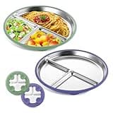 TELAIN Stainless Steel Kids Plates with Sections and Silicone Suction Base, 2 Piece Baby Plates in Green and Purple, Unbreakable and Dishwasher Safe for Stress-Free Meals