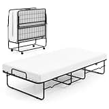 COSTWAY Folding Bed with 10cm Luxurious Memory Foam Mattress, Portable Foldable Rollaway Guest Beds on Wheels, Compact Metal Frame Fold up Bed Office Camp Sleeper for Adults Teens, Single, 194x90cm