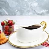 Cheardia 14 oz Gravy Boat with Tray, White Ceramic Sauce Boat with Gold Trim, Ergonomic Handle and Big Dripless Lip Spout for Salad Dressings, Creamer, Broth, Black Pepper