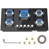 Gas Hob 5 burners, Built in Black Glass Gas Hob with Flame Out Protection,Gas Hob with Cast Iron Supports,NG/LPG Convertible
