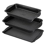 PRESTIGE Aerolift Baking Trays for Oven Non Stick Set of 3 - Dishwasher Safe Oven Trays Set with Extra Large Handles, Durable Carbon Steel Roasting Tins with 5 Year Guarantee, Black, 3 Piece Set