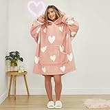 Dreamscene Heart Print Hoodie Blanket Blush, Oversized Blanket Hoodies Women Sherpa Lined Soft Fluffy Warm Snuggle Hoodie for Girls Comfy Fleece Wearable Blanket