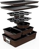 NutriChef Baking Tray Set, Stackable Bakeware Trays, Smart Space Stacking Baking Trays, 8 Pcs Non-Stick Oven Safe Baking Sets w/ Cookie, Loaf Pan, Pizza Pan, Muffin Tins, Cake Tin, Round/Square Pans