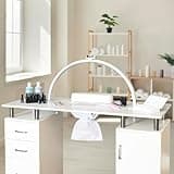 Professional Manicure Table & LED Half Moon Lamp 29.5In Nail Beauty Salon Dust Collector Removable Cushion Wheels Pull Out Drawers 1 Cupboard 2 Shelves 3 Colour Dimmable Temperature Light Phone Holder