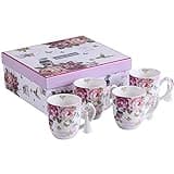 London Boutique Cups Mugs Set 4 Fine China Shabby Chic Vintage Retro Design in Gift Box 330ML (Bird Rose Butterfly)