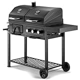 VonHaus Hybrid Dual Fuel BBQ – 2 in 1 Charcoal & Gas Barbecue with Warming Rack, Fold Down Shelf, Temperature Gauges, Wheels, Large Cooking Grills – Barbeque and Smoker – Grill Meat, Fish & Vegetables