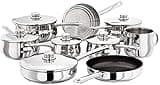 Stellar Classic Set of 9 Stainless Steel Pans, 6 Deep Saucepans with Lids, Steamer, Non-Stick Frying Pan, Milk Pot, Dishwasher Safe