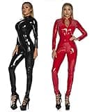 FEOYA Women's Sexy Zipper Catsuit Tight PVC Leather One-Piece Long Sleeve Jumpsuit Erotic Cosplay Clothing Color Black2 Size XL