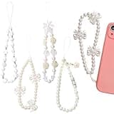 DKDDSSS 4 Pcs Phone Charm, Beaded Bracelet Strap, White Pearl Bow Cell Charms, Cute Chain Mobile Wrist Straps for Girls Women (White)