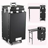 Warmiehomy Professional Manicure Table Nail Station, Portable Nail Desk, Mobile Makeup Trolley Case on Wheels, Nail Beauty Tech Station with Drawers/Mirror/Speaker Lock for Salon Travel Use, Black