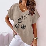 Best Prime Deals Linen Shirt Women Dandelion Print V Neck Cotton Casual Bat T Shirt Coupons and Promo Codes for Discount UK Tunic Tops for Women