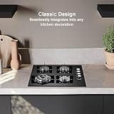 SNDOAS Gas Hob 4 Burners, NG/LPG Convertible, Built-in Black Glass Gas Hob with Wok Burner, Flame Failure Protection, 8000W