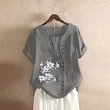 Coupons and Promo Codes for Discount UK Linen Shirt Women Women's Cotton and Linen Loose Fit Casual Floral Print Short Sleeve Button Up Top Lightning Deals of The Day Prime Sale Dark Gray