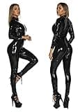 FEOYA Women's Sexy Zipper Catsuit Tight PVC Leather One-Piece Long Sleeve Jumpsuit Erotic Cosplay Clothing Color Black2 Size XL