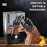 Taylors Eye Witness 6 PCE Kitchen Knife Block Set - 5 Useful Knives, Acacia Wood Block. Stainless Steel Precision, Full Tang & Durable. Including Paring, Veg, Chef, Bread & Carving Knives