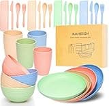 KAHEIGN 28Pcs Plastic Dinnerware Sets, 4 Sets Unbreakable Lightweight Plates, Cups, Bowls and Cutlery, Eco Friendly & Reusable Microwave & Dishwasher Safe Dish Bowl for Kids or Picnics
