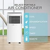 Belaco Portable Air Conditioner, 9000 BTU 4-in-1, Air Conditioning Unit, Fan & Cooling, Dehumidifier, Remote control with 24Hr Timer, Dual Window kit Included with Class A Energy Efficiency Rating
