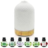 Ceramic Essential Oil Diffuser Electric Aroma Diffuser with 6 Pcs*10ml Essential Oil Gift Set, 7 Colors LED Light/4 Timers Modes/Waterless Auto-Off 100ml for Home/Office/Spa