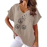 Best Prime Deals Linen Shirt Women Dandelion Print V Neck Cotton Casual Bat T Shirt Coupons and Promo Codes for Discount UK Tunic Tops for Women