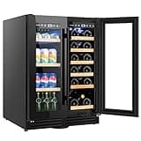 COSTWAY Dual Zone Wine Beverage Refrigerator, 120L Double Door Commercial Bottle Fridge with LED Lighting, 2 Independent Control Zones, Removable Shelves & Safety Lock, Back Bar Drink Fridge
