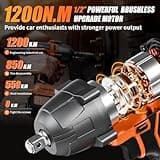Cordless Impact Wrench, 900Ft-lbs (1200N.m) 1/2" Brushless Impact Gun, 21V High Torque Power Impact Driver, 2x4.0Ah Batteries Electric Impact Motor Variable Speeds for Family Car/Pickup Truck/Mower