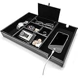 Mantello Valet Tray Nachttisch Organizer – Top Kommode Halter für Geldbörse, Telefon, Schlüssel, Schmuck, Zubehör – aus Kunstleder gefüttert mit grauem Veloursleder, kratzfester Filzboden – Schwarz