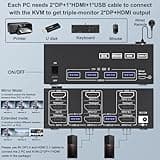 KVM Switch 3 Monitors 2 Computers 8K@60Hz 4K@144Hz, HDMI+2 Displayport KVM Switch Triple Monitor for 2 Computer Share 3 Monitor and 4 USB3.0 Port Keyboard Mouse,Wired Remote and 5 Cables Included