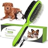 Pet Seeker Double Sided Dog Brush, Dog Grooming Brush with Rounded Pins & Bristles, Dog Brushes for Grooming with Anti Slip Handle & Free Cleaning Tool.