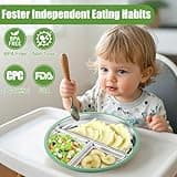TELAIN Stainless Steel Kids Plates with Sections and Silicone Suction Base, 2 Piece Baby Plates in Green and Purple, Unbreakable and Dishwasher Safe for Stress-Free Meals