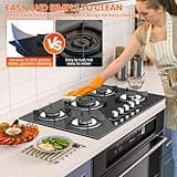 Gas Hob 5 burners, Built in Black Glass Gas Hob with Flame Out Protection,Gas Hob with Cast Iron Supports,NG/LPG Convertible