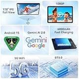Tablet 10 Inch,Android 15 Tablet,GEMINI AI 2.0 Android tablets|12GB RAM+128GB ROM(TF 2TB)|5G WiFi|120Hz|6000mAh Fast Charging|1080P HD|Bluetooth 5.0|Smart Lens|GPS|2-Year Warranty-Grey