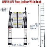 5M Telescopic Ladder with Roof Hook Kit Aluminium Portable Multi-Purpose Folding Portable Heavy Duty Multi-Purpose Aluminium Telescopic Ladder Extendable (16.5FT)